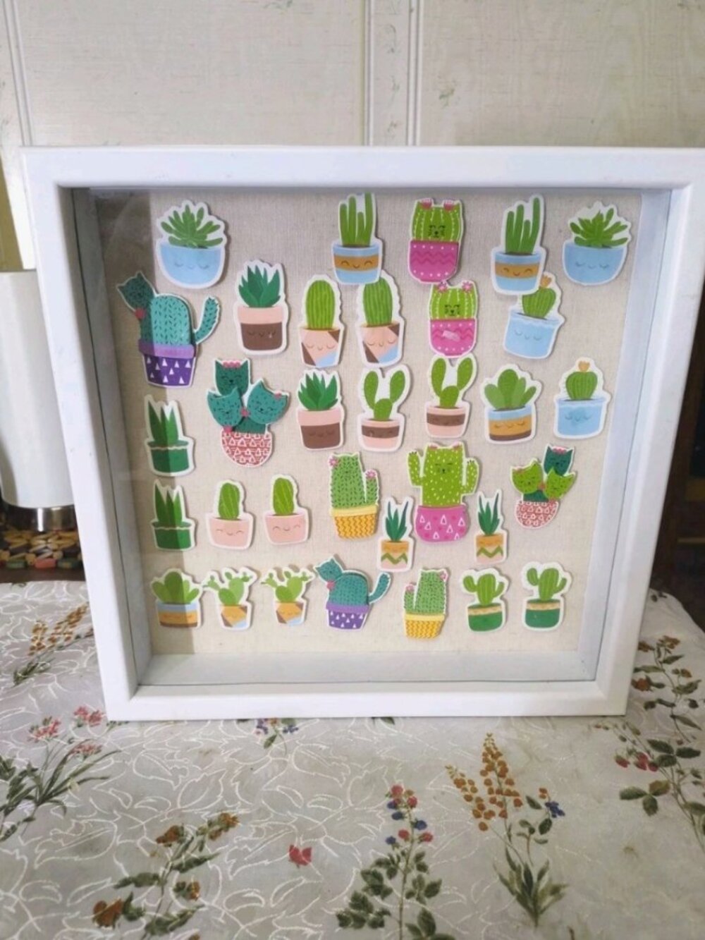 White Wooden Shadow Box Frame With Cats and Succulents Removable Stickers